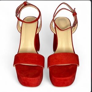 Fire Red Chunky Block Heels Open Toe Casual Sandals - Size 8 Shoes - Women’s